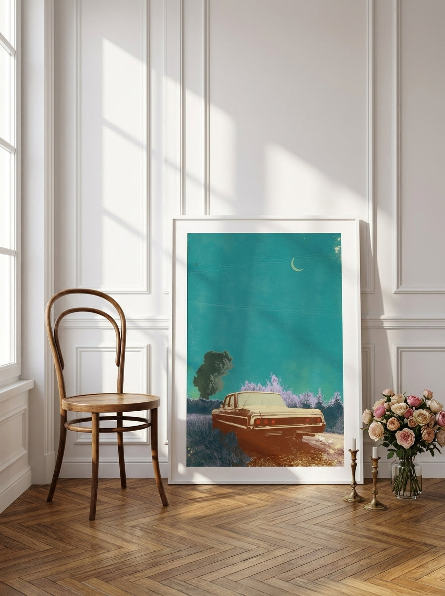Modern wall art print leaning against the wall in a Parisian home office