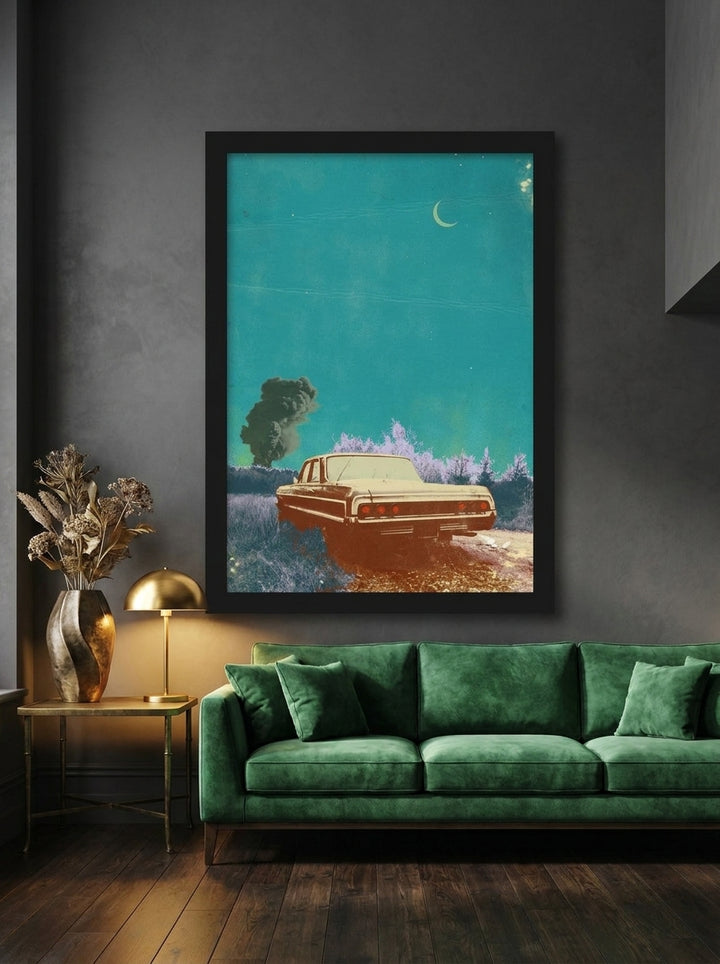 Oversized statement modern wall art print styled on the wall in a moody living room