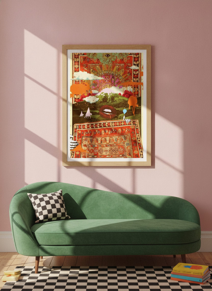 Modern wall art print styled on the wall in a colourful eclectic living room