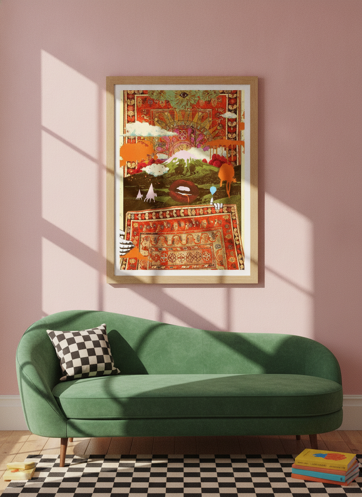 Modern wall art print styled on the wall in a colourful eclectic living room