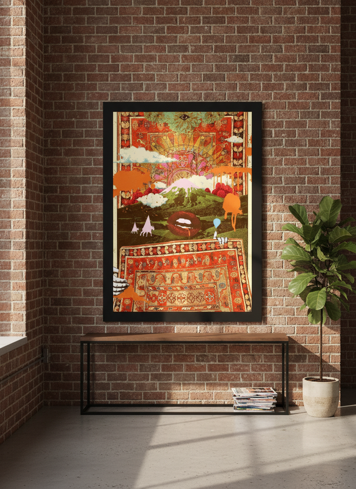 Oversized statement modern wall art print styled on the wall in an industrial loft living room