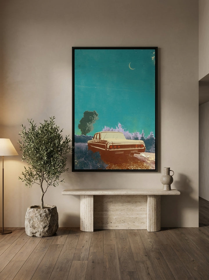 Oversized statement canvas wall art with a black surround styled on the wall in a luxe living room