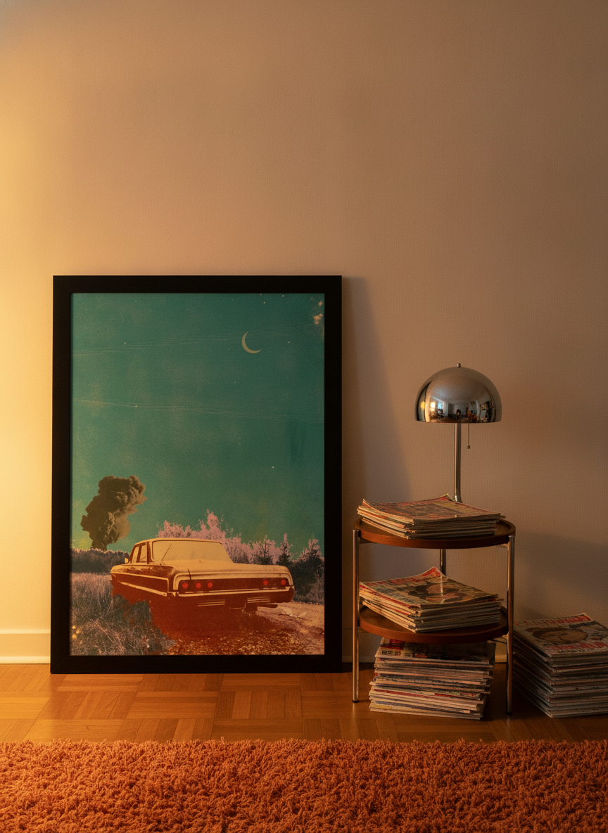 Modern wall art print leaning against the wall in a retro 70s home office