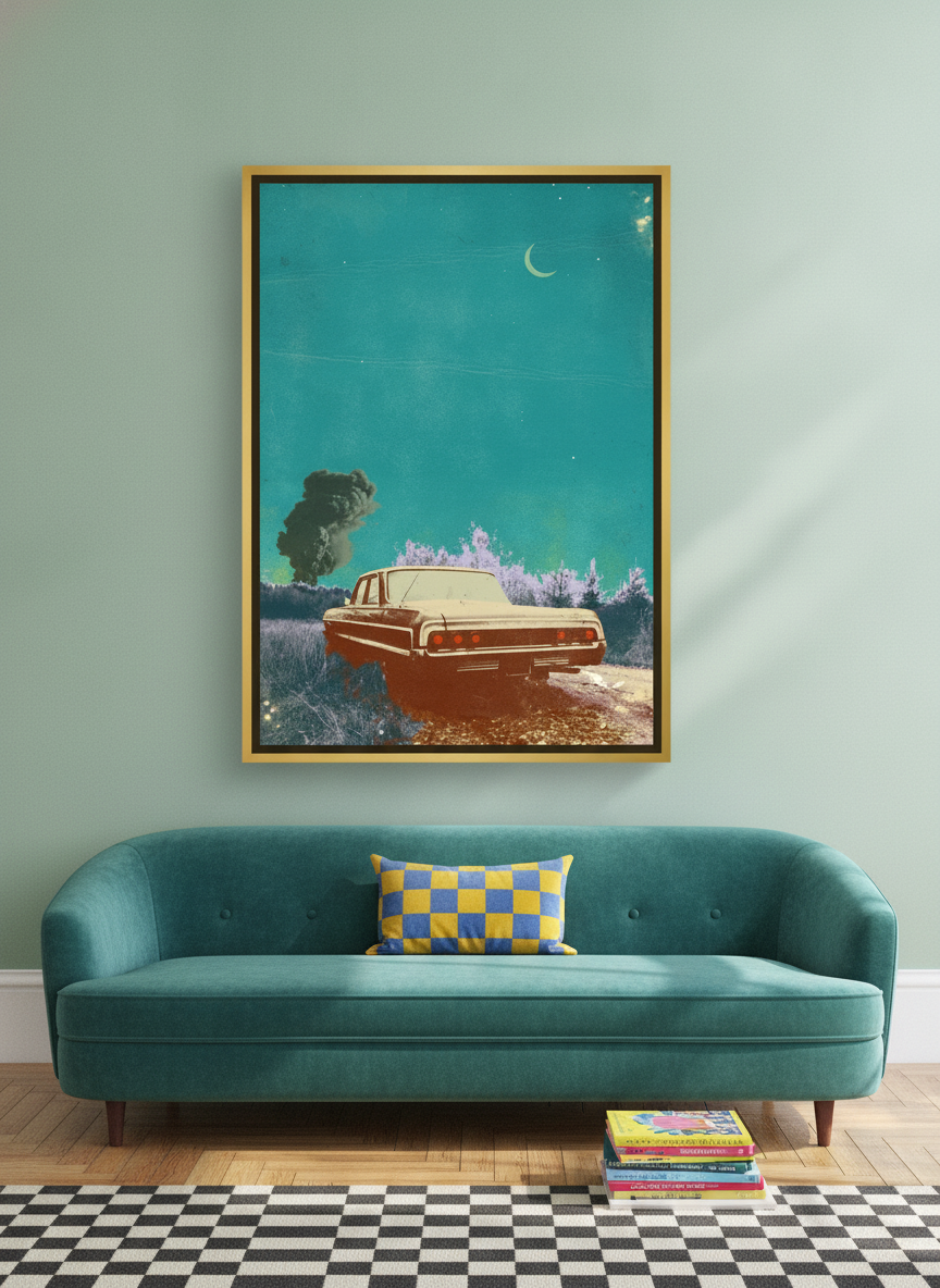Oversized statement canvas wall art with a gold leaf surround styled on the wall in a colourful eclectic living room