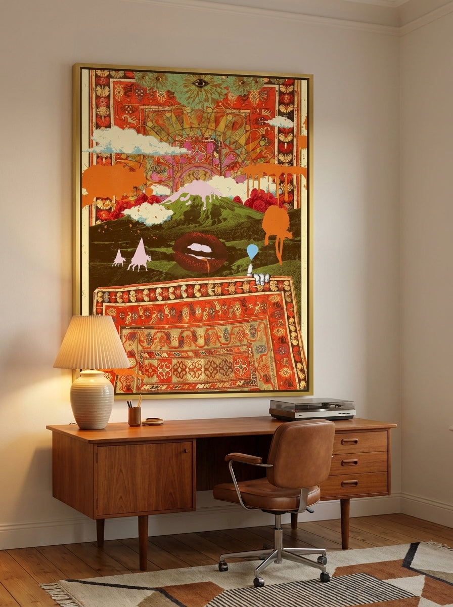 Oversized statement canvas wall art with a gold leaf surround styled on the wall in a mid-century home office