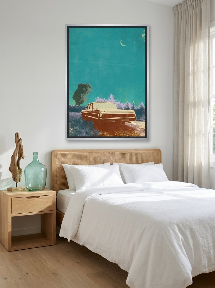 Canvas wall art with a silver leaf surround styled on the wall in a coastal bedroom