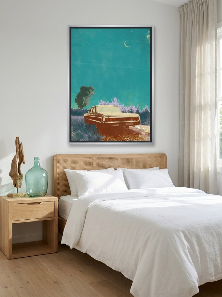 Canvas wall art with a silver leaf surround styled on the wall in a coastal bedroom