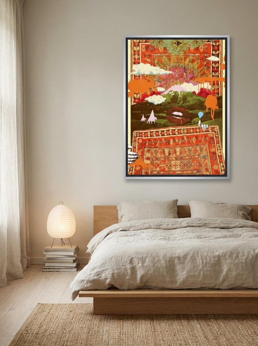 Canvas wall art with a silver leaf surround styled on the wall in a warm Japandi bedroom