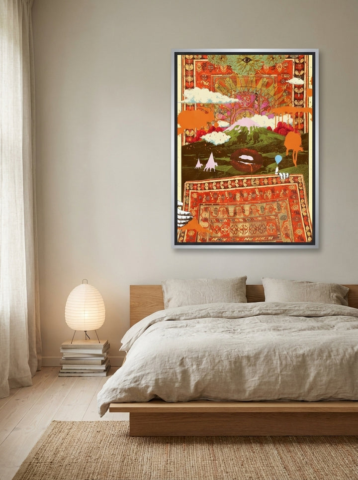 Canvas wall art with a silver leaf surround styled on the wall in a warm Japandi bedroom