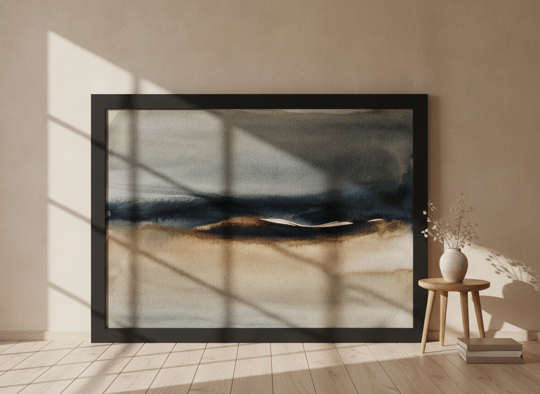 Oversized statement modern wall art print leaning against the wall in a warm Japandi bedroom