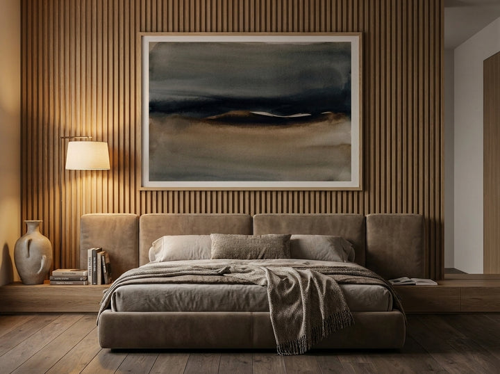 Oversized statement modern wall art print styled on the wall in a luxe bedroom