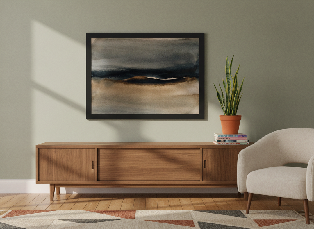 Modern wall art print styled on the wall in a mid-century living room