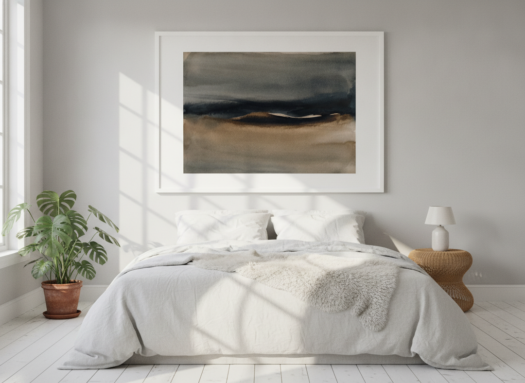 Modern wall art print styled on the wall in a bright Scandinavian bedroom
