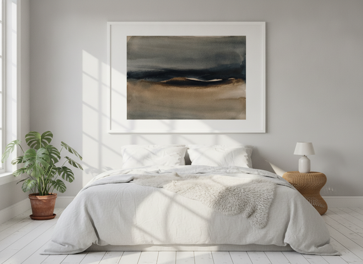 Modern wall art print styled on the wall in a bright Scandinavian bedroom