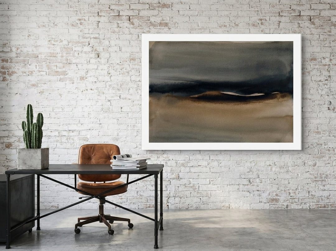 Modern wall art print styled on the wall in an industrial loft home office