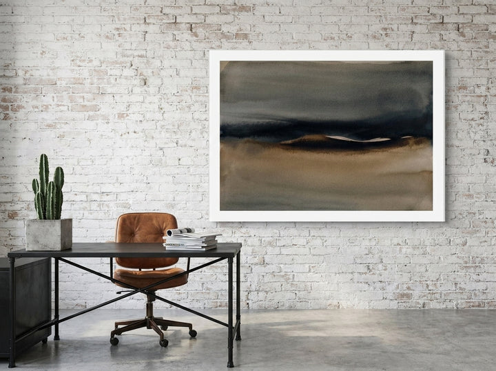 Modern wall art print styled on the wall in an industrial loft home office