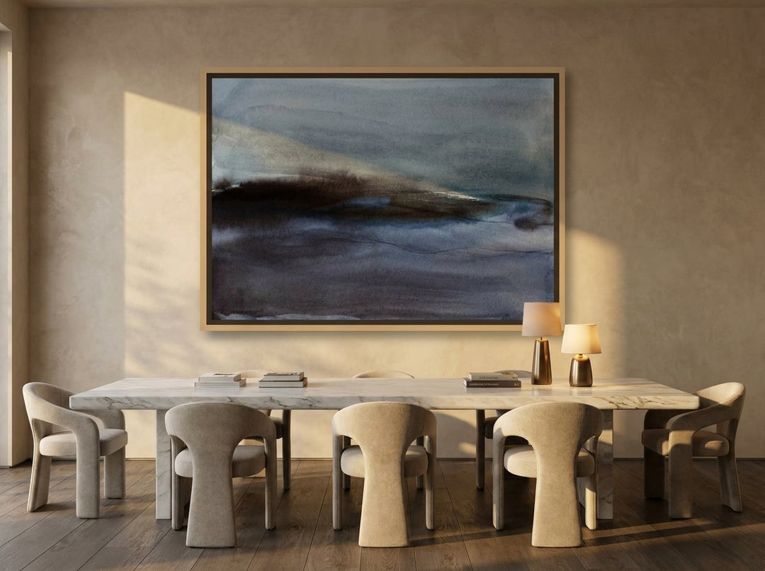 Oversized statement canvas wall art with a natural timber surround styled on the wall in a luxe dining room