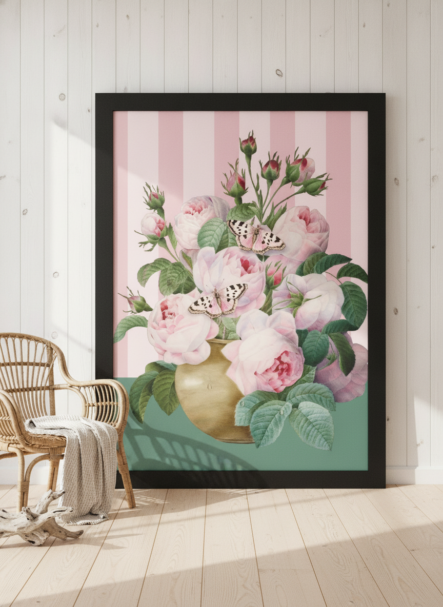 Oversized statement modern wall art print leaning against the wall in a coastal living room