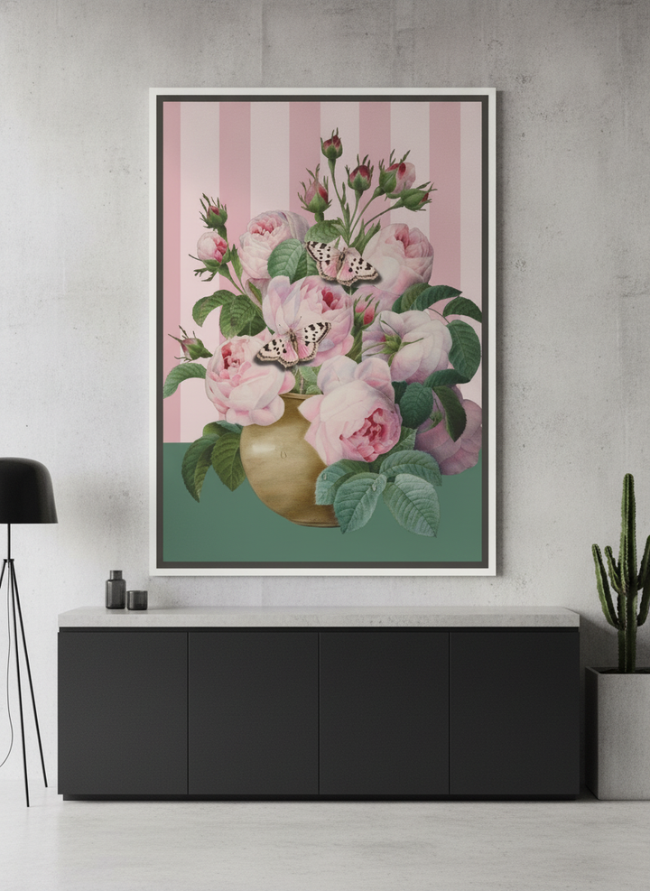 Canvas wall art with a white surround styled on the wall in an industrial loft kitchen