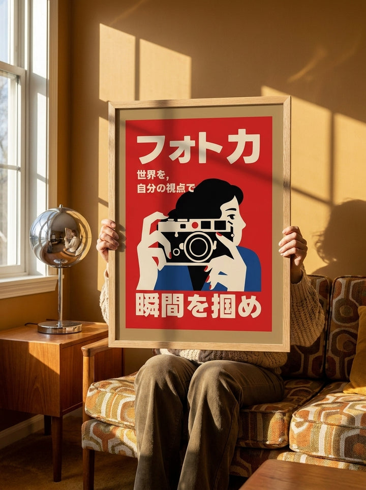 Person holding modern wall art print in a retro 70s living room