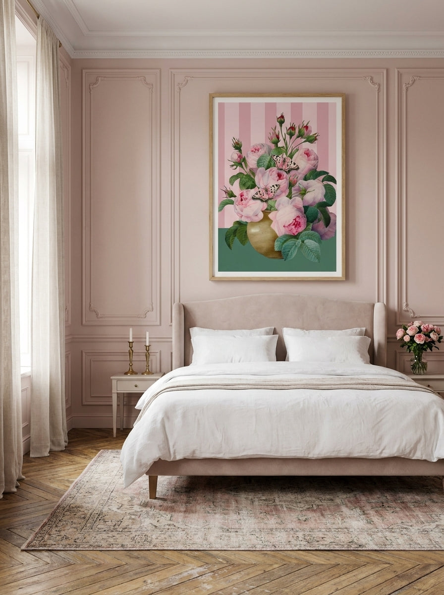 Modern wall art print styled on the wall in a Parisian bedroom