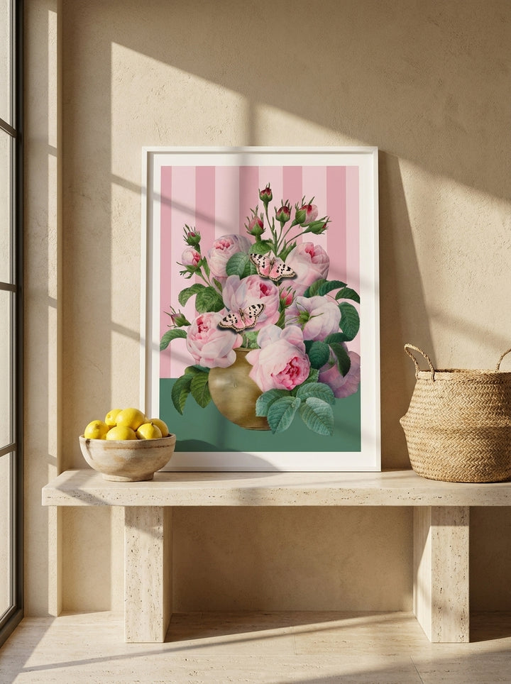 Modern wall art print standing on a console in a Mediterranean dining room