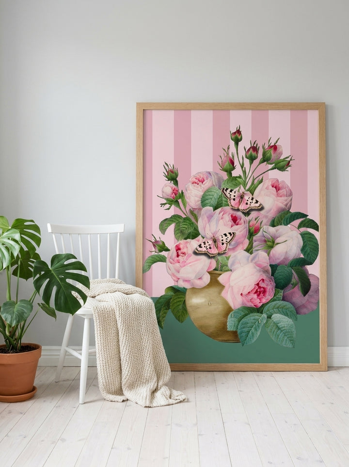 Oversized statement modern wall art print leaning against the wall in a bright Scandinavian bathroom