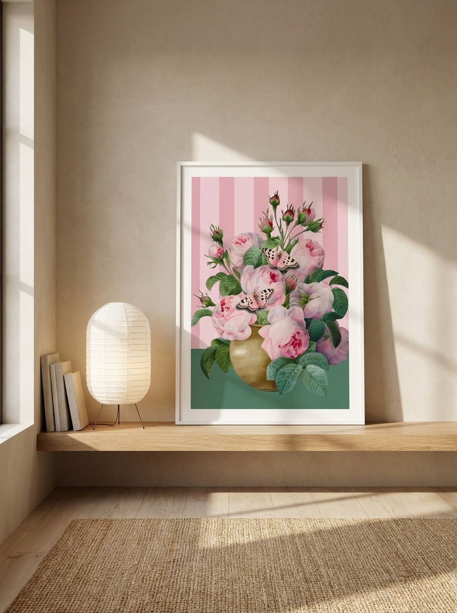 Modern wall art print standing on a shelf in a warm Japandi bedroom
