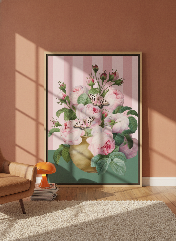 Oversized statement canvas wall art with a natural timber surround leaning against the wall in a retro 70s dining room
