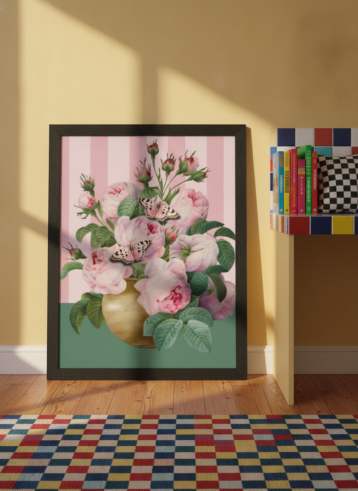 Modern wall art print standing on a kitchen bench in a colourful eclectic kitchen