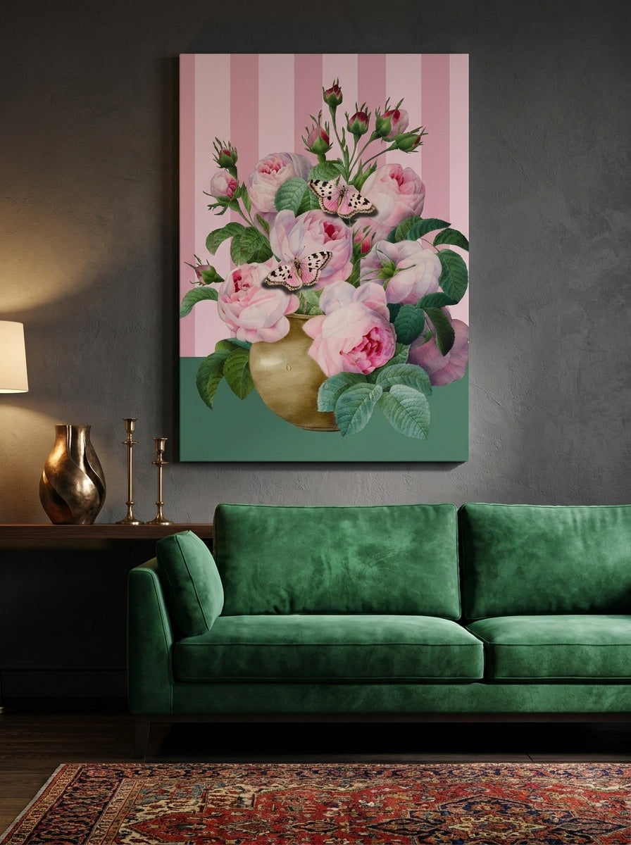 Stretched canvas wall art styled on the wall in a moody living room