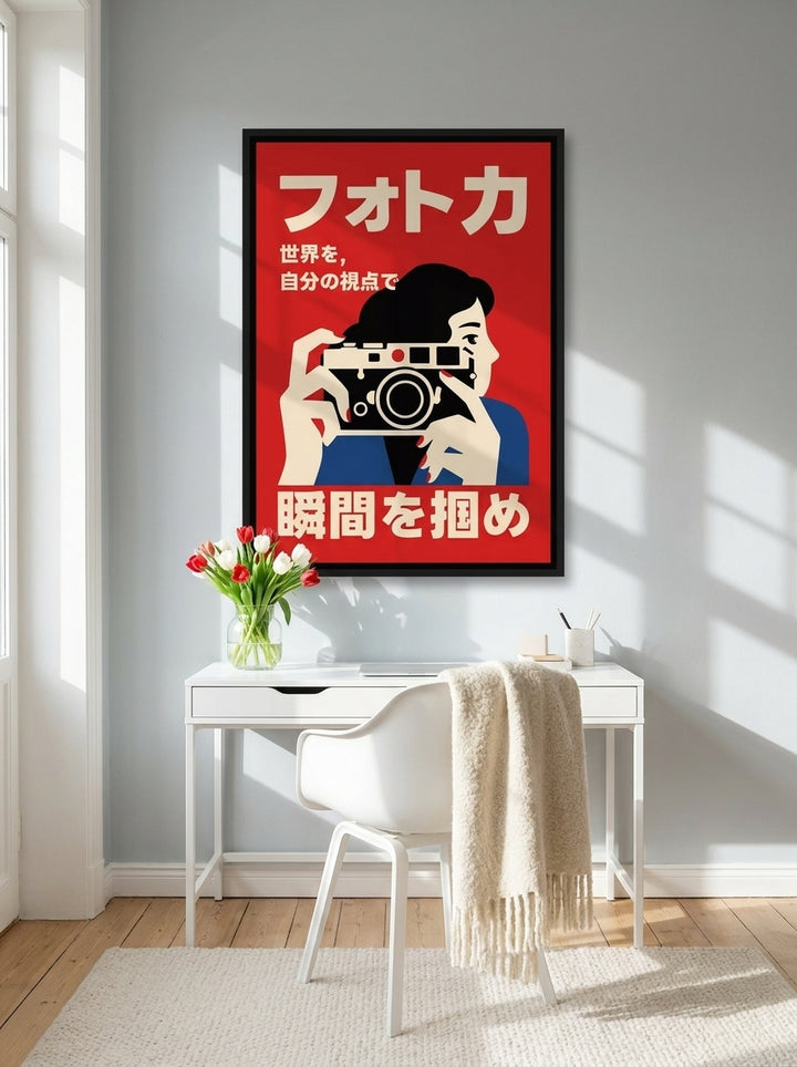Canvas wall art with a black surround styled on the wall in a bright Scandinavian home office