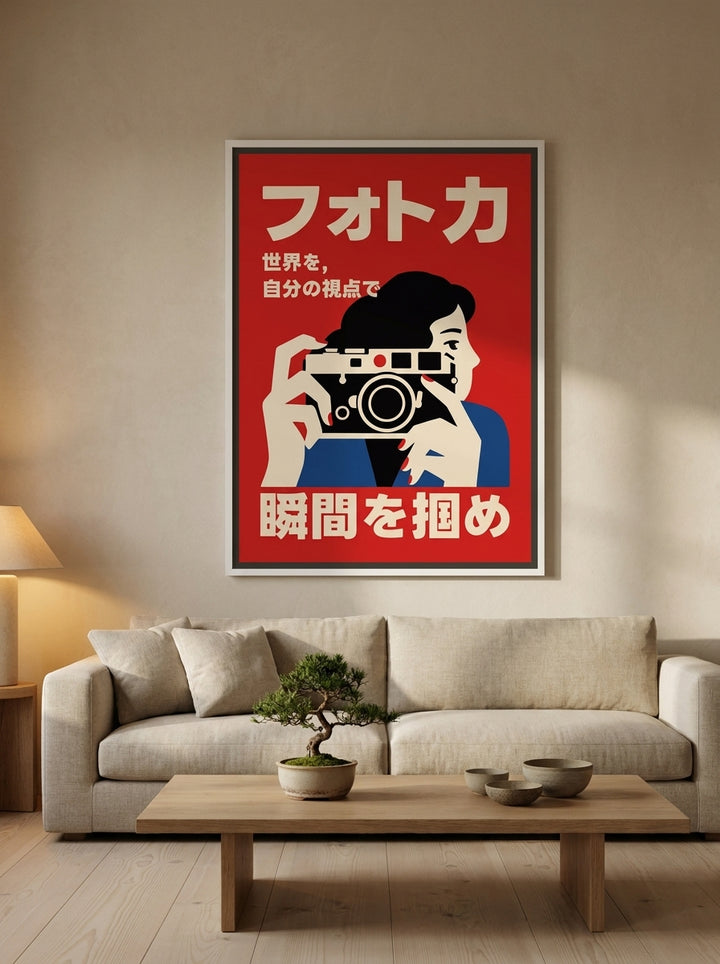 Oversized statement canvas wall art with a white surround styled on the wall in a warm Japandi living room