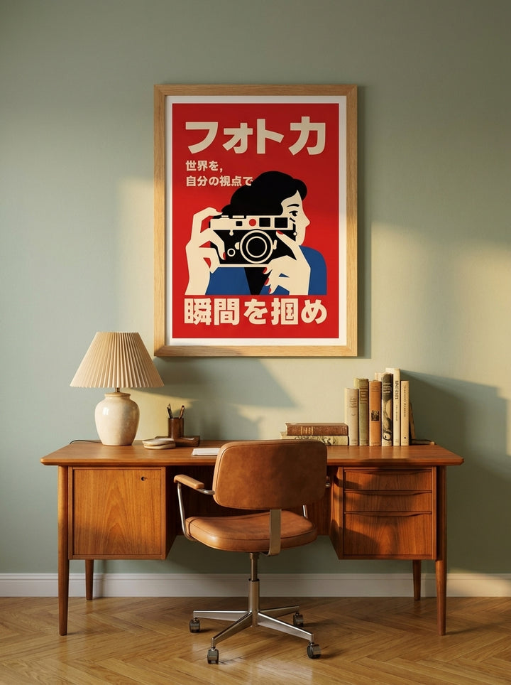Modern wall art print styled on the wall in a mid-century home office