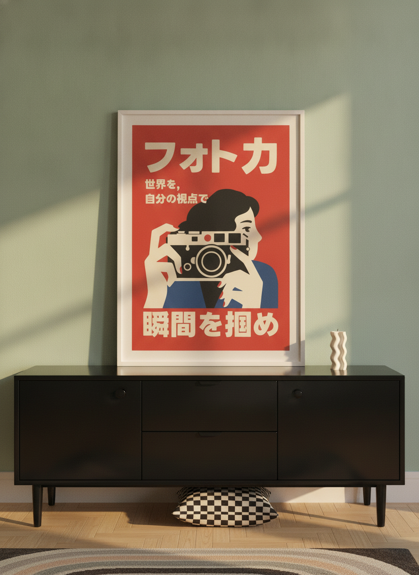 Modern wall art print standing on a sideboard in a colourful eclectic dining room