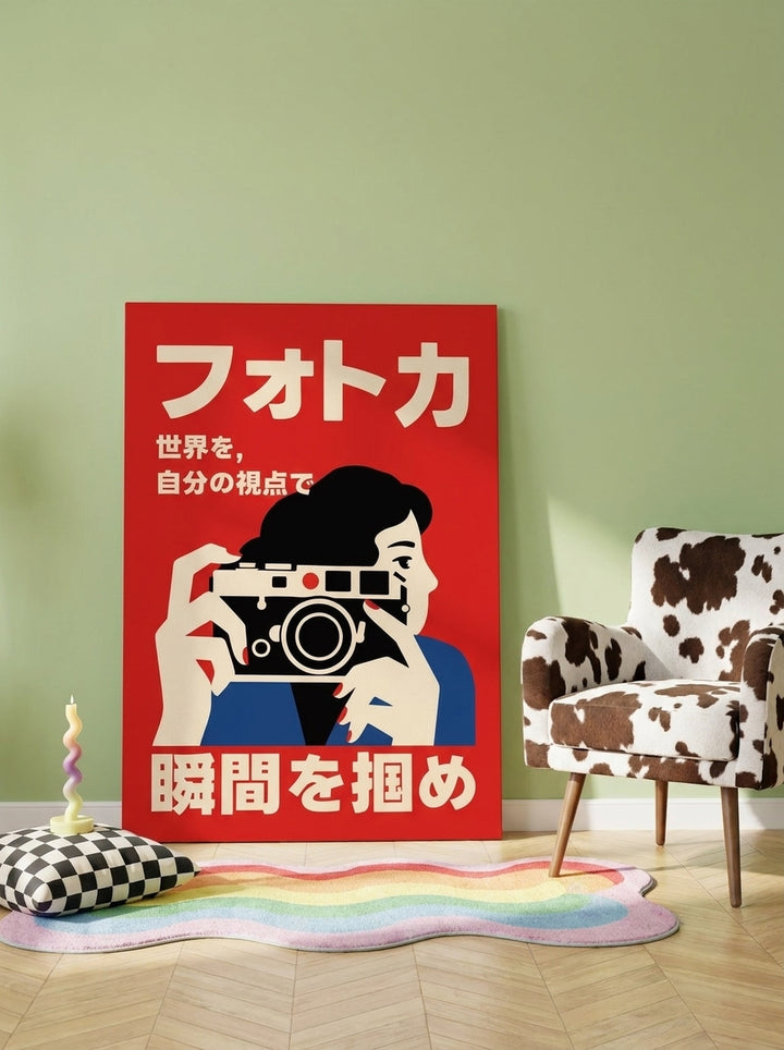 Stretched canvas wall art leaning against the wall in a colourful eclectic dining room