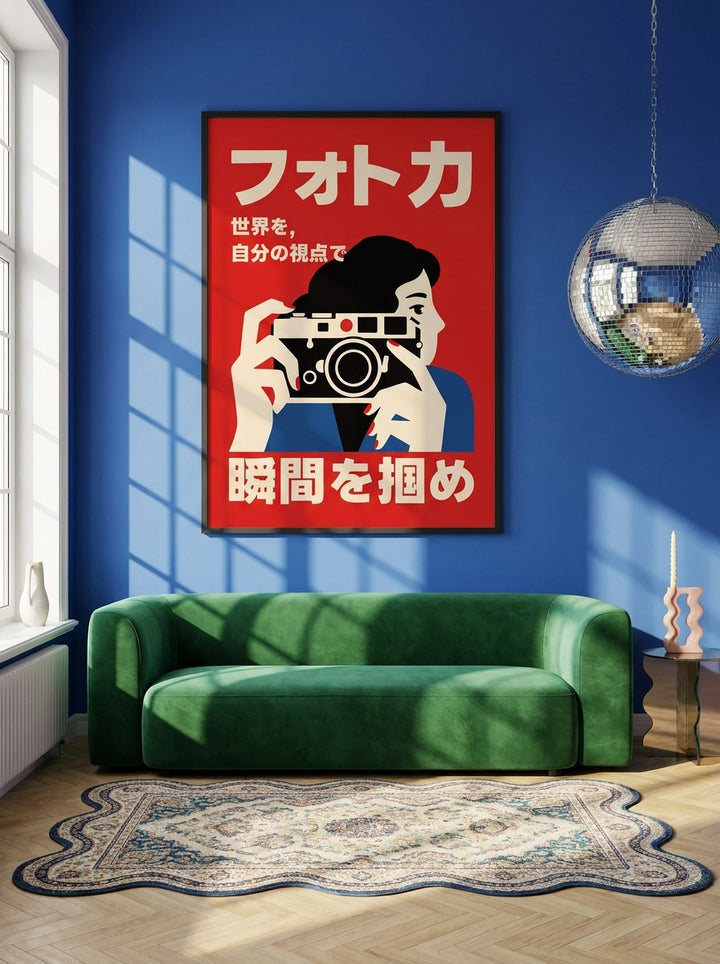 Oversized statement modern wall art print styled on the wall in a colourful eclectic living room