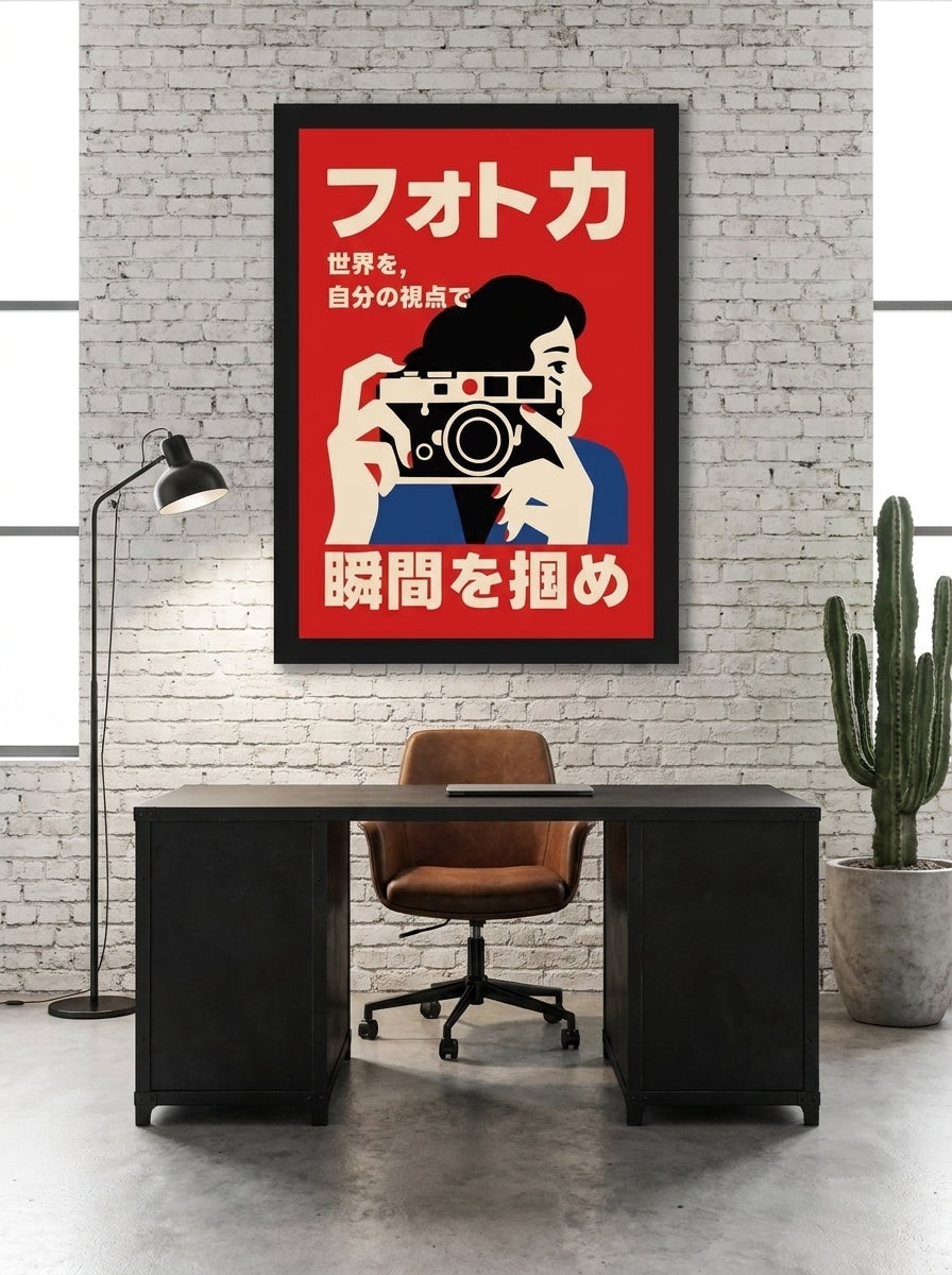 Modern wall art print styled on the wall in an industrial loft home office