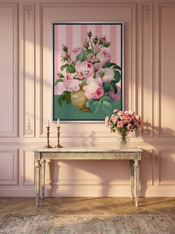 Oversized statement canvas wall art with a silver leaf surround styled on the wall in a Parisian living room