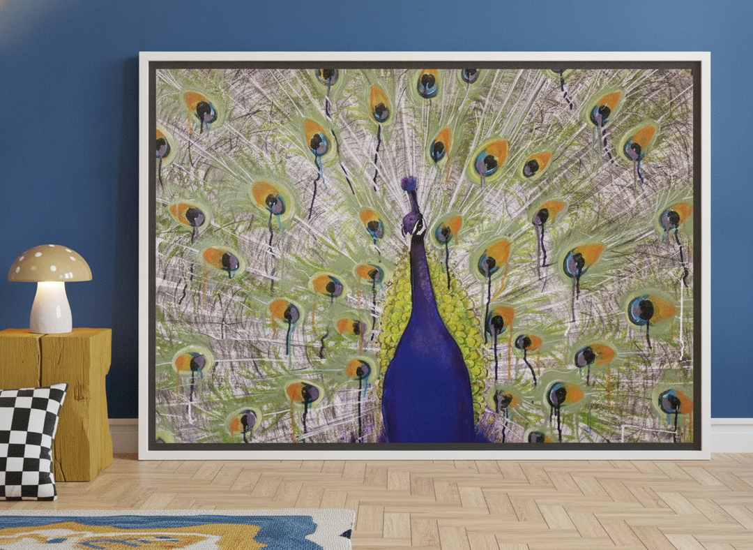 Oversized statement canvas wall art with a white surround leaning against the wall in a colourful eclectic bedroom