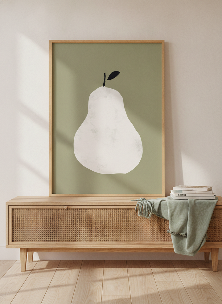 Modern wall art print standing on a sideboard in a coastal bedroom