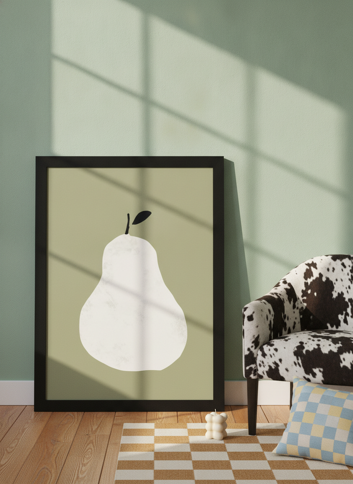 Modern wall art print leaning against the wall in a colourful eclectic kitchen