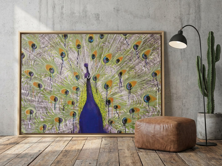 Canvas wall art with a natural timber surround leaning against the wall in an industrial loft home office