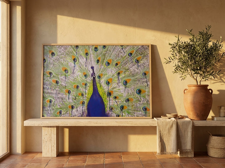 Modern wall art print standing on a console in a Mediterranean bedroom