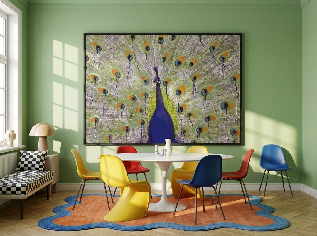 Oversized statement modern wall art print styled on the wall in a colourful eclectic dining room