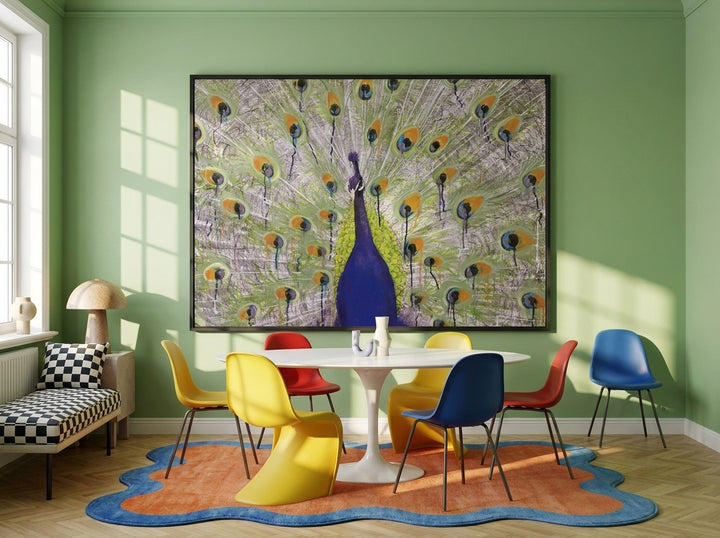 Oversized statement modern wall art print styled on the wall in a colourful eclectic dining room