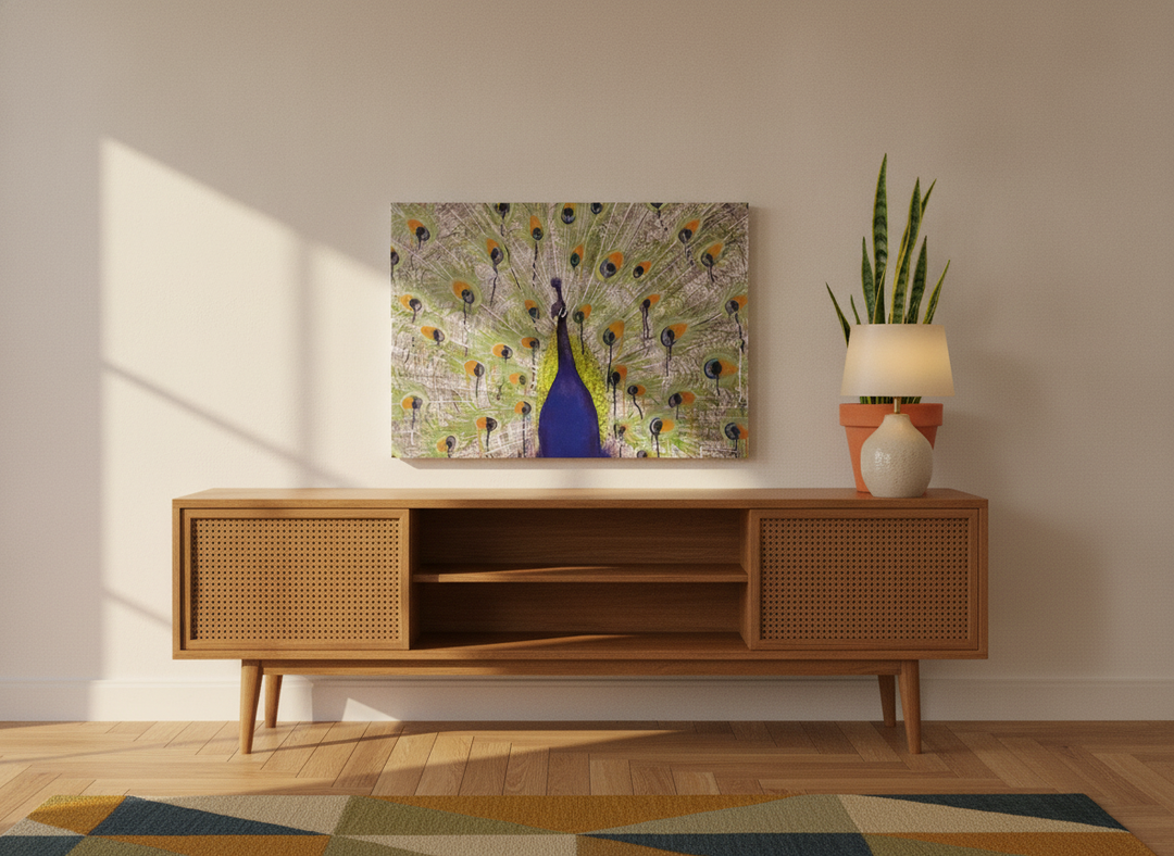 Stretched canvas wall art standing on a sideboard in a mid-century dining room