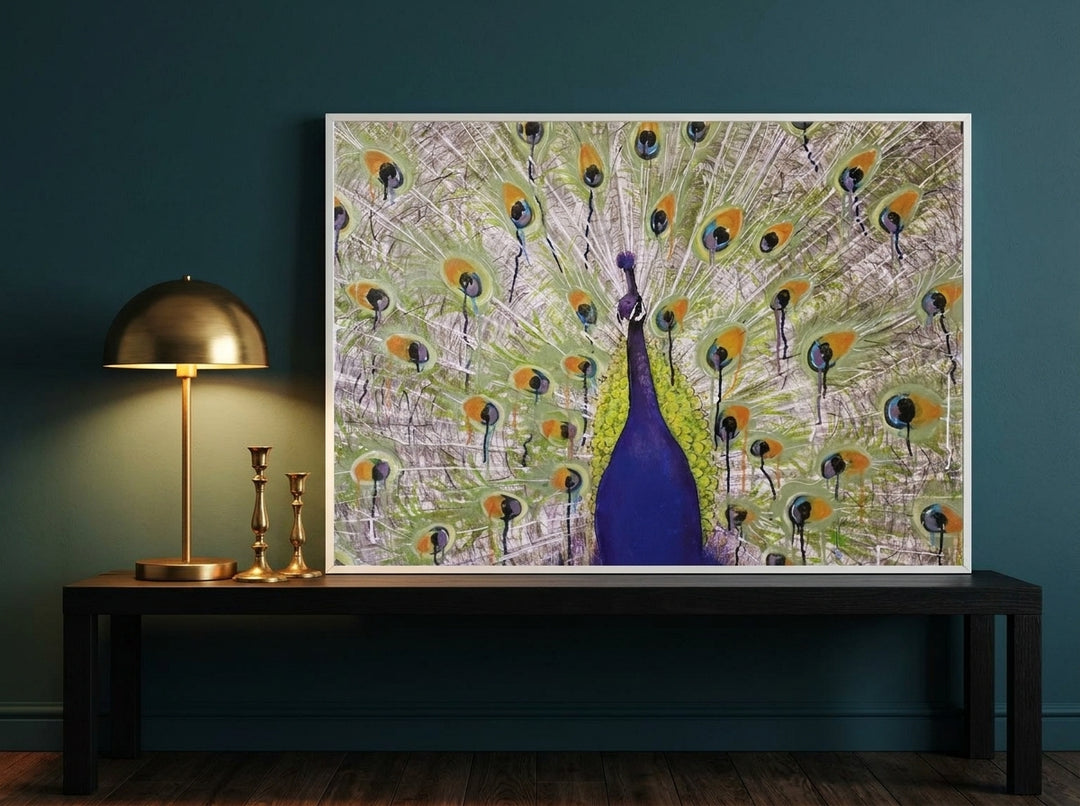 Modern wall art print standing on a console in a moody home office