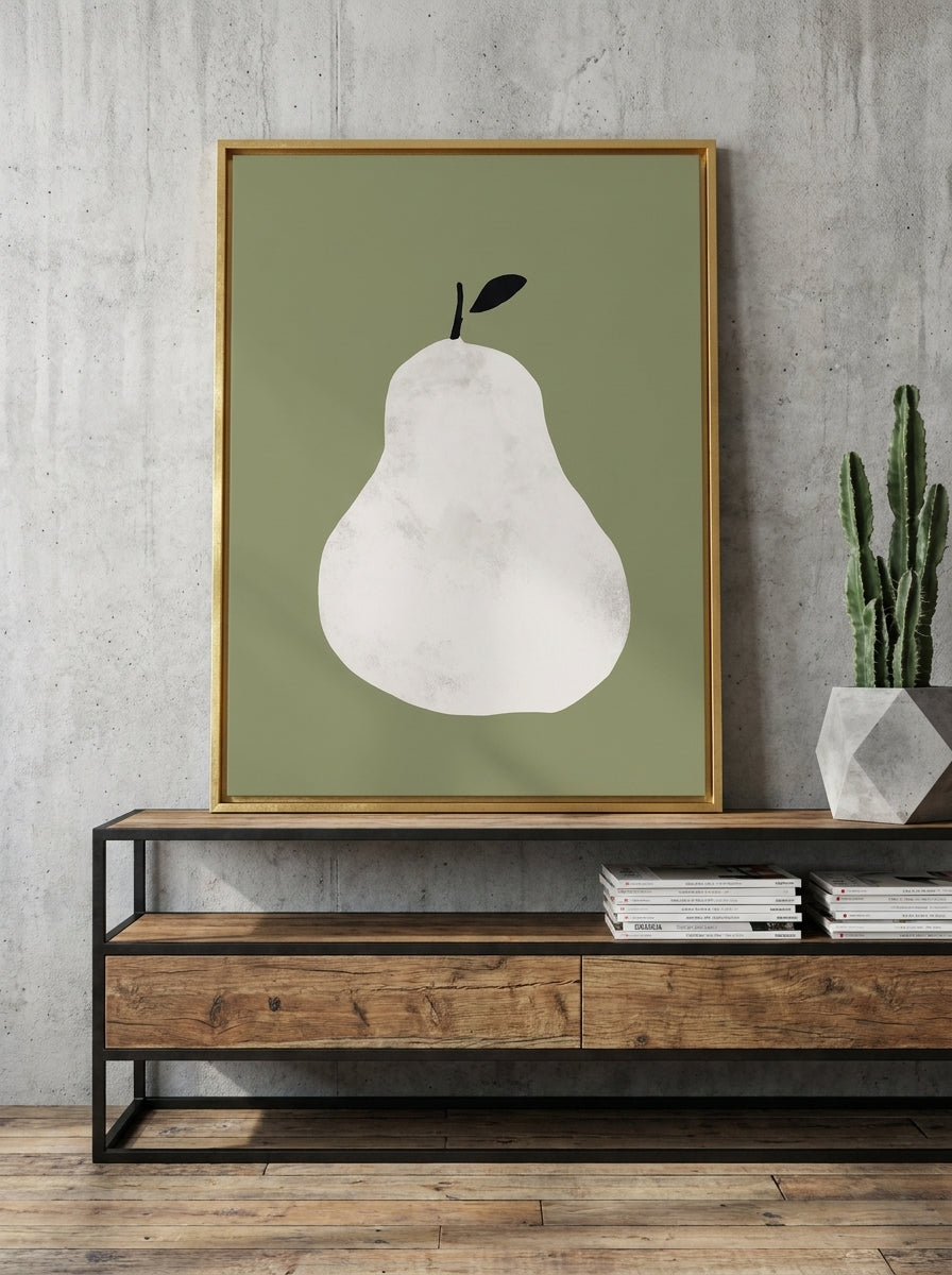 Canvas wall art with a gold leaf surround standing on a console in an industrial loft living room
