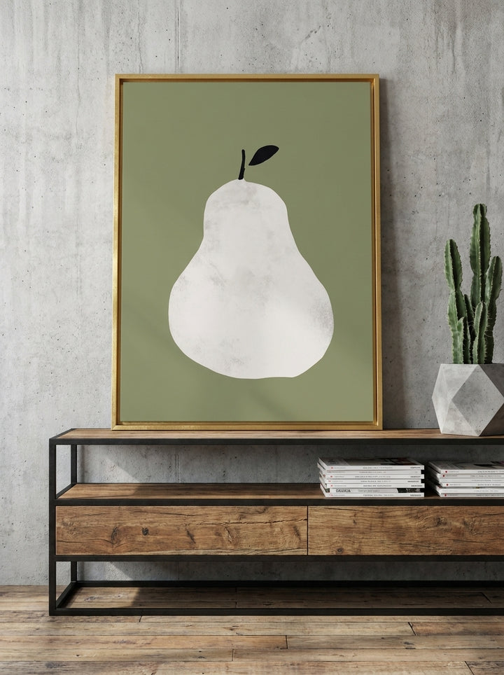 Canvas wall art with a gold leaf surround standing on a console in an industrial loft living room